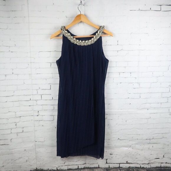 DONNA RICCO BLUE SLEEVELESS HIGH ROUND NECK SHIFT DRESS WITH METAL DETAIL SIZE 6 - Picture 1 of 8
